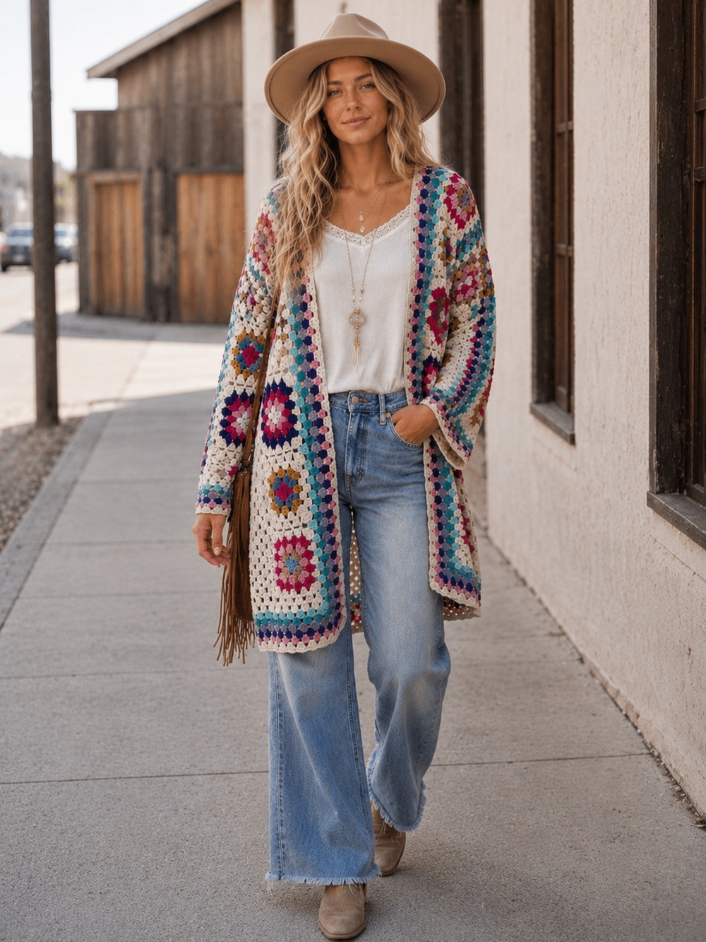 Passage Crochet Granny Square Bohemian Cardigan with Multicolor Accents